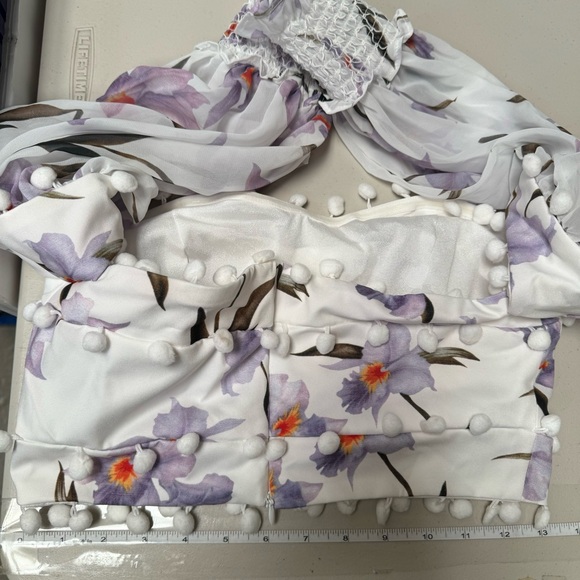 Skirt Set Floral pom pom trim Bodice off shoulder sheer sleeve crop top purple - Picture 9 of 15